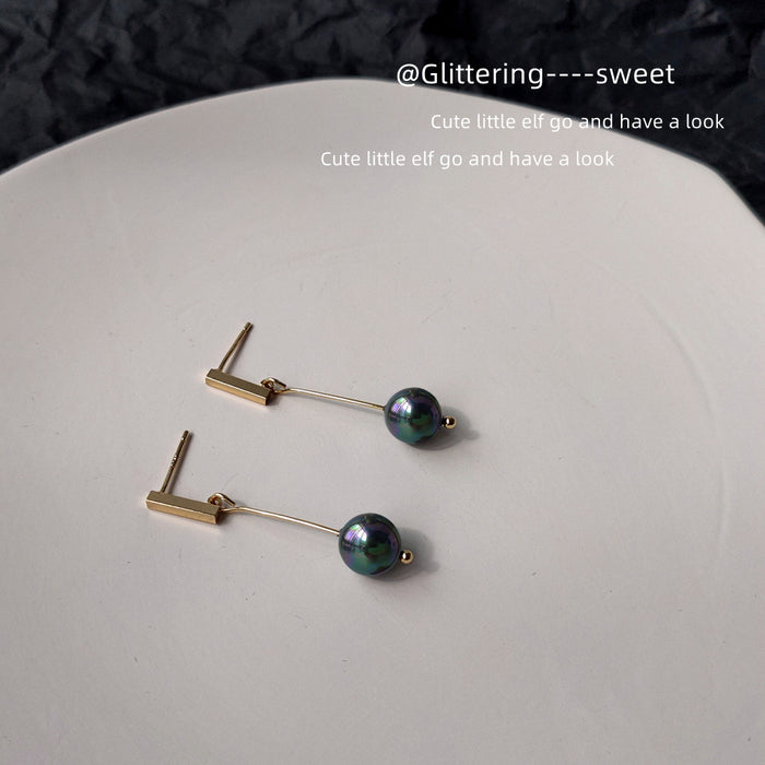 Gold Bar Stud Earrings Black Iridescent Pearl Long Drops