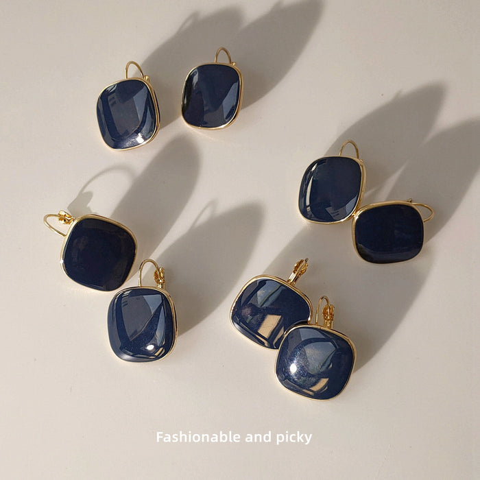 Navy Blue Cushion Square Gold Rim Drop Hook Earrings