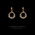 Gold Floral Wreath Circle Drop Earrings Clear Stone Accents view 1