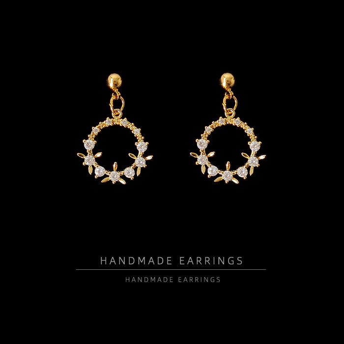 Gold Floral Wreath Circle Drop Earrings Clear Stone Accents