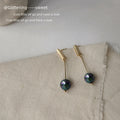 Gold Bar Stud Earrings Black Iridescent Pearl Long Drops view 4