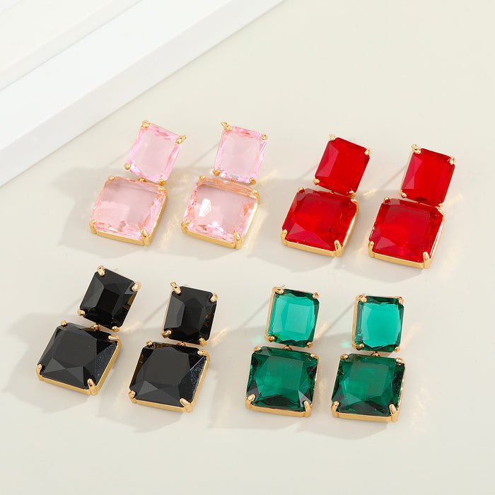 Gold Tone Double Square Faceted Crystal Drop Earrings in Five Colors