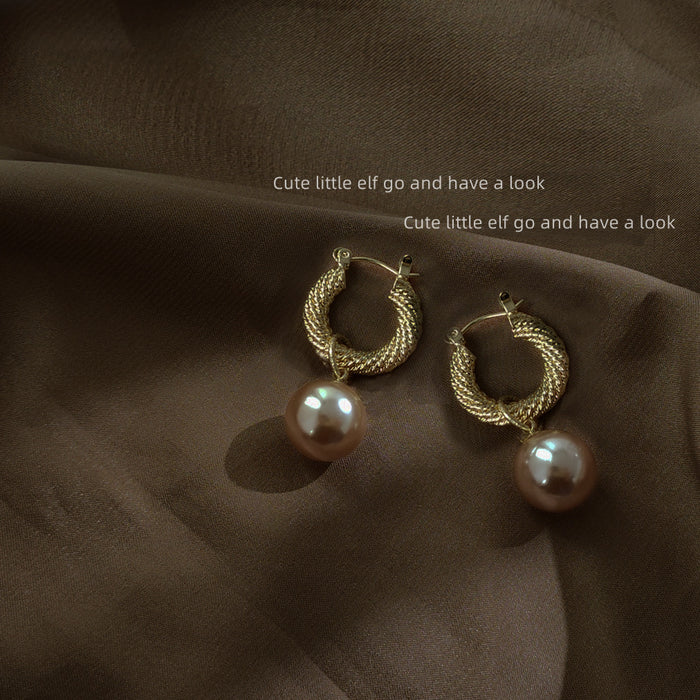 Gold Twisted Mini Hoop Earrings Champagne Pearl Drops