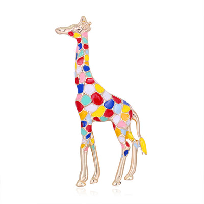 Front product view of the giraffe brooch pin in gold and red