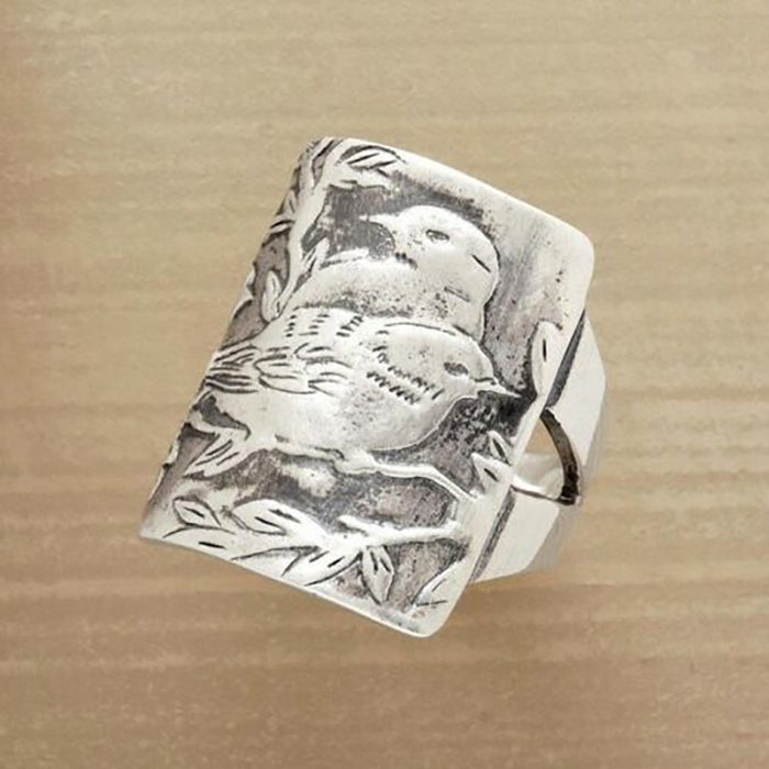 Antique Silver Tone Bird And Bamboo Engraved Ring Statement Jewelry