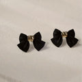 Black Bow Stud Earrings Gold Center Knot Matte Finish view 1