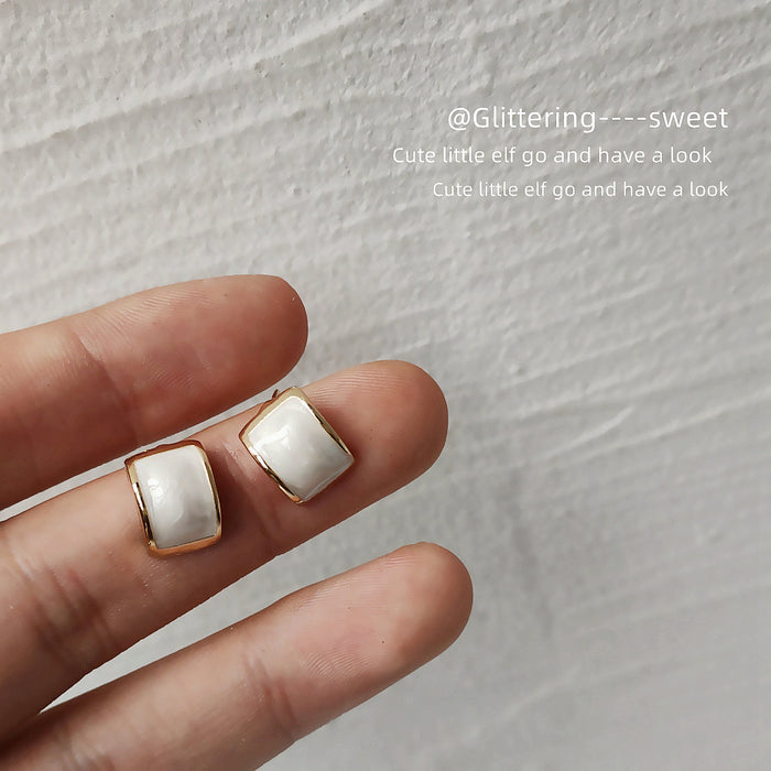 White Enamel Semi-Circle Gold Rim Stud Earrings Pair