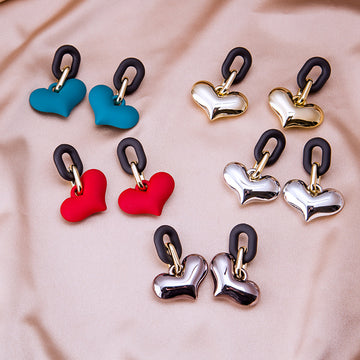 Black Link Polished Heart Drop Stud Earrings in Two Finishes