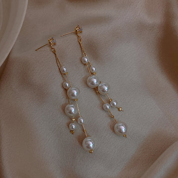 Pearl Chain Tassel Earrings with Lustrous Bead Details