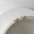 Gold Tone Mini V Pearl CZ Geometric Stud Earrings Pair view 3