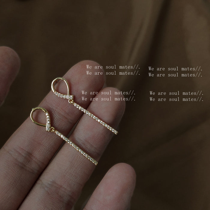 Gold Teardrop Pave Bar Drop Stud Earrings Clear Stones