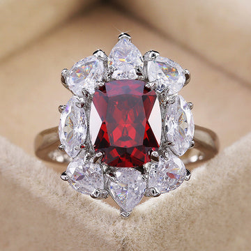 Silver Tone Red Oval Halo Statement Ring With Polished Clear Stone Detail