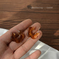 Tortoise Amber Marbled Resin Floral C-Hoop Stud Earrings view 4
