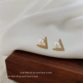 Gold Tone Mini V Pearl CZ Geometric Stud Earrings Pair view 4