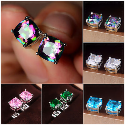 Product view showing cushion solitaire stud earrings in five colors