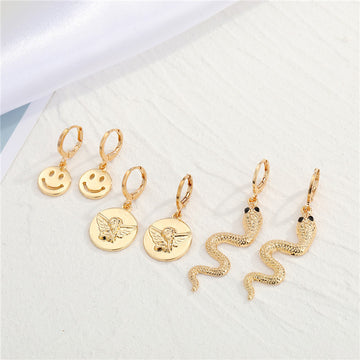 Gold Tone Smiley Angel and Snake Huggie Drop Earrings in Three Designs
