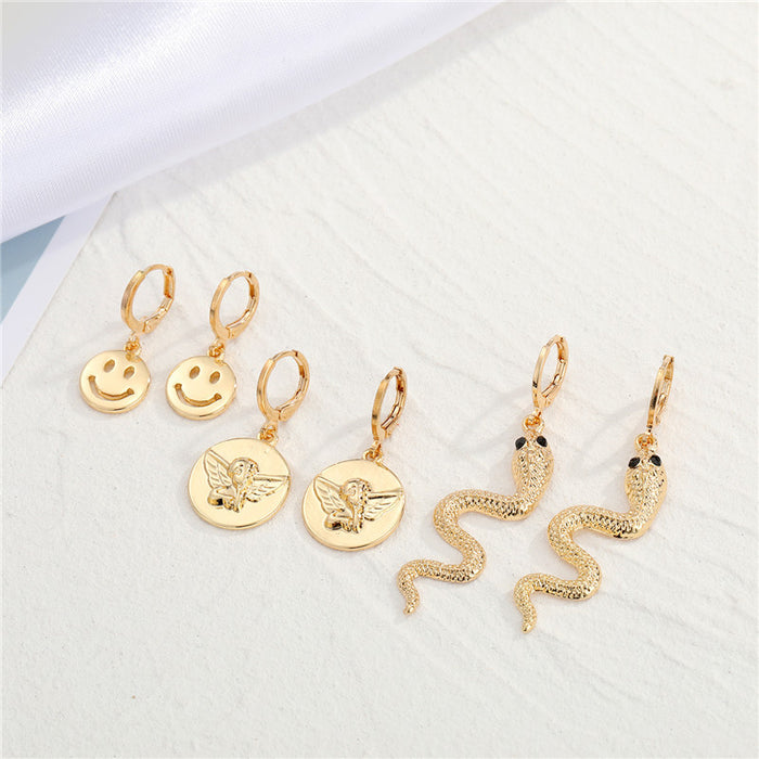 Gold Tone Smiley Angel and Snake Huggie Drop Earrings in Three Designs