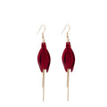 Red Petal Flower and Gold Bar Tassel Long Hook Earrings view 5
