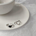 Silver Heart Open Adjustable Rings Hollow and Black Enamel view 1