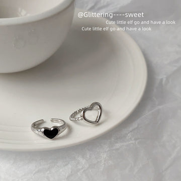 Silver Heart Open Adjustable Rings Hollow and Black Enamel