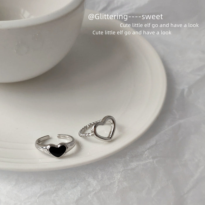 Silver Heart Open Adjustable Rings Hollow and Black Enamel