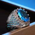 Aqua Oval Stone Textured Wide Signet Ring In Two Tones view 1