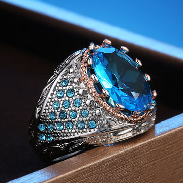 Aqua Oval Stone Textured Wide Signet Ring In Two Tones