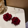Red Rose Pearl Threader Earrings with Lustrous Bead Details view 3