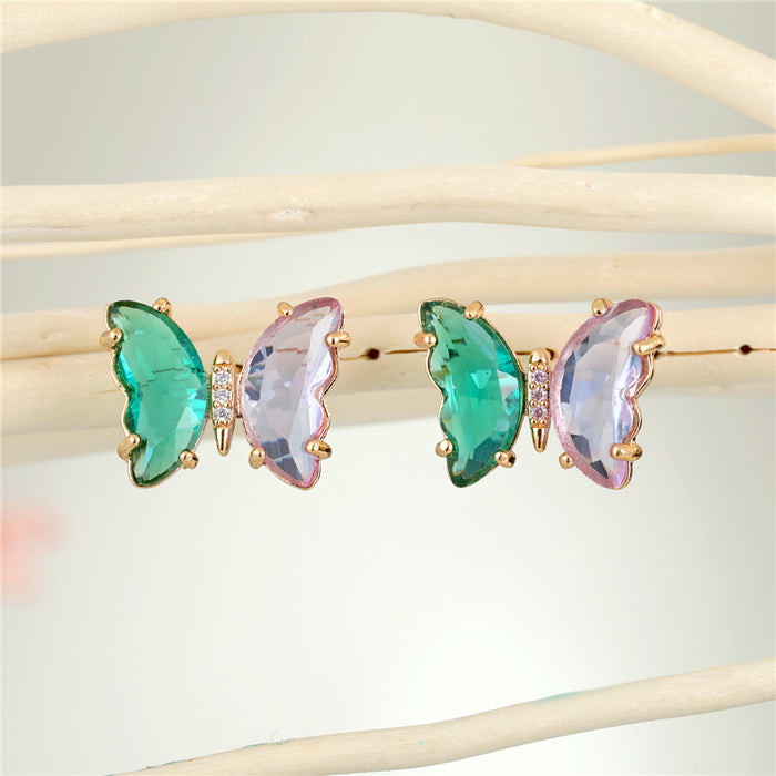 Gold Tone Two Color Faceted Butterfly Crystal Stud Earrings