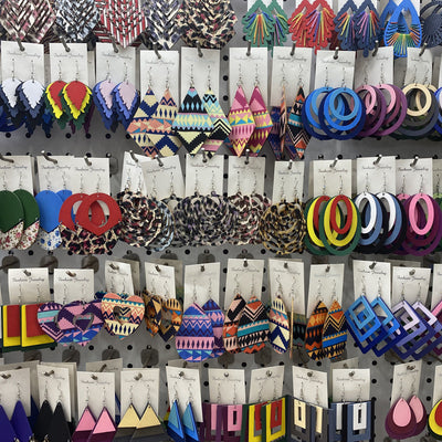 Main product view of twelve-Pair Random Assortment of Wood and Printed Drop Earrings