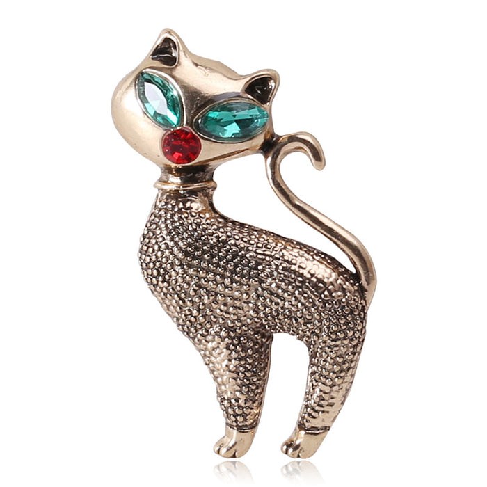 Textured Cat Brooch With Green Crystal Eyes in Gold or Silver Tone