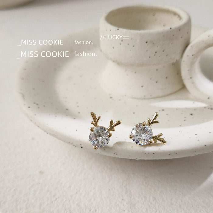 Gold-Tone Clear Round CZ Deer Antler Stud Earrings Pair