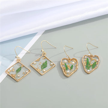 Gold Tone Pressed Leaf and Pearl Resin Hook Earrings in Two Shapes