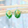 Oval Pressed Flower Resin Stud Earrings in Green or Pink view 4