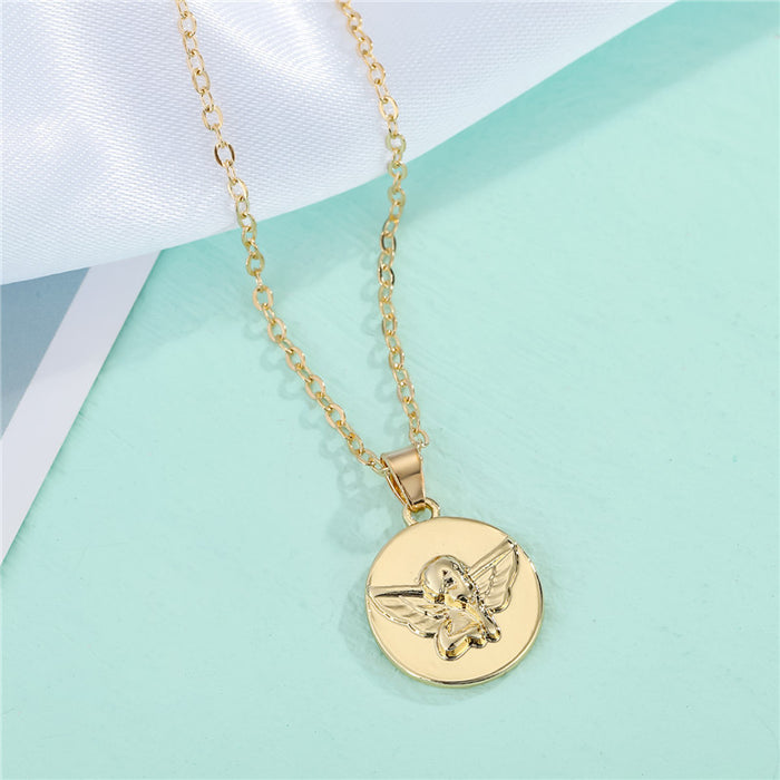 Gold Tone Engraved Angel Coin Pendant Necklace with Round Medallion