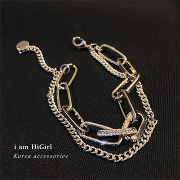 Silver Tone Double Layer Chain Bracelet With Crystal Links