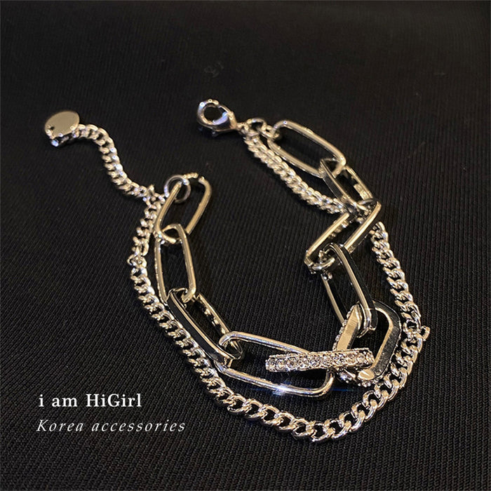 Silver Tone Double Layer Chain Bracelet With Crystal Links