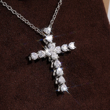 Silver Tone Heart Cut CZ Cross Pendant Necklace Chain