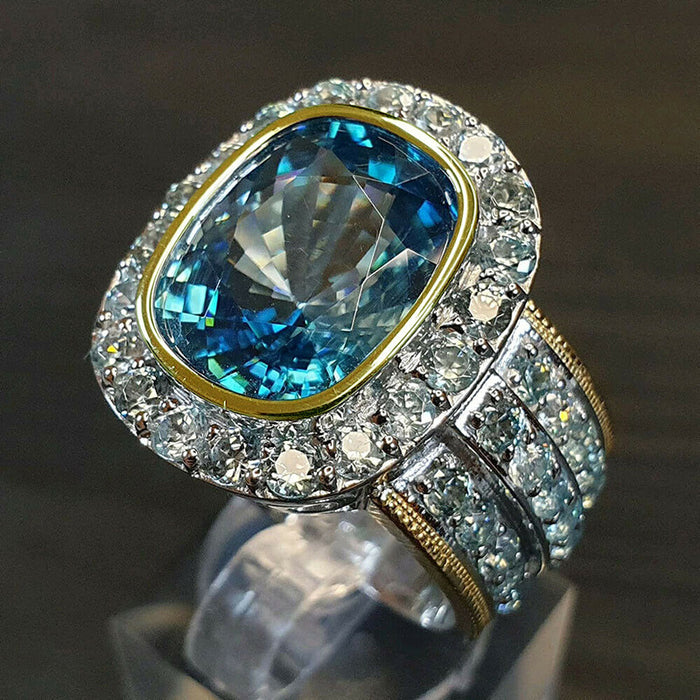 Aqua Cushion Solitaire Halo Extra-Wide Ring In Two Tones