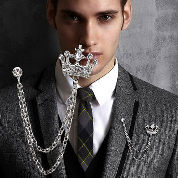 Crown Double Chain Collar Brooch Pin Sets in Two Finishes