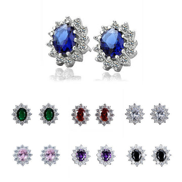 Oval Floral Halo Stud Earrings In Seven Center Colors