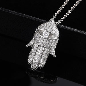 Pave Hamsa Hand Eye Pendant Necklace Rose Gold Silver