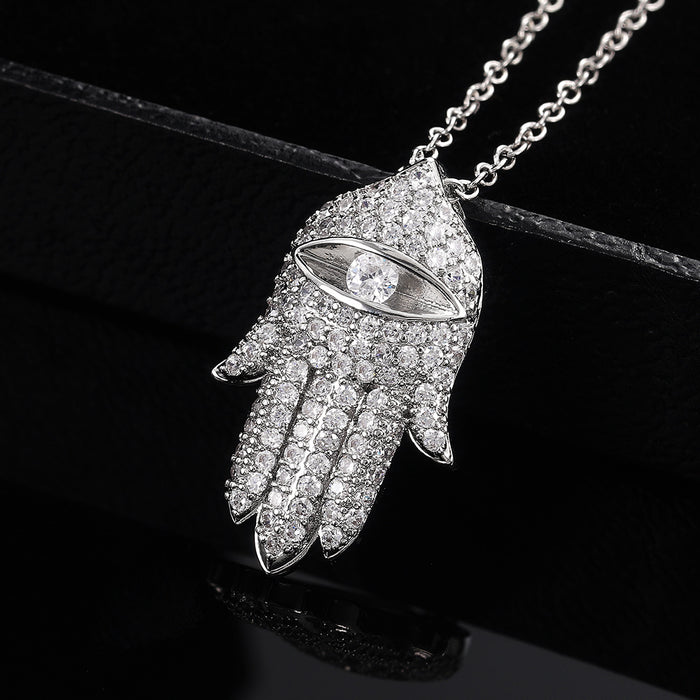 Pave Hamsa Hand Eye Pendant Necklace Rose Gold Silver