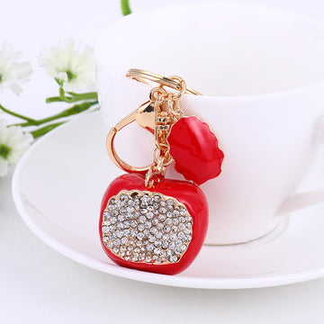 Red Enamel Apple Keychain Rhinestone Front Leaf Charm