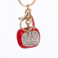 Red Enamel Apple Keychain Rhinestone Front Leaf Charm view 5