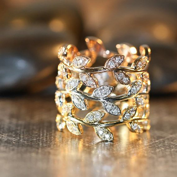 Open Leaf Branch Clear Stone Ring In Three Metal Tones