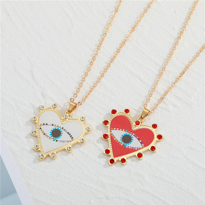 Gold Tone Red and White Heart Evil Eye Pendant Necklaces