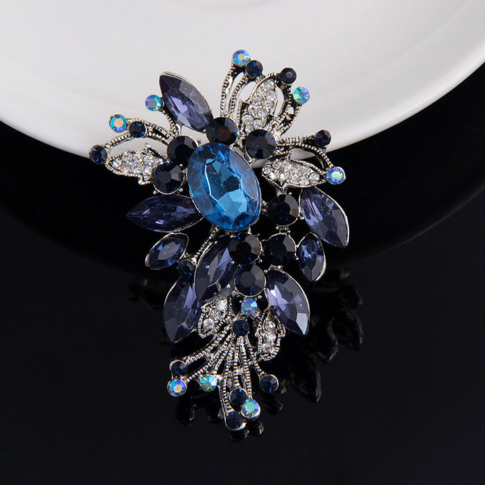 Black Silver Tone Flower Crystal Metal Brooch Pin for Jackets and Lapels