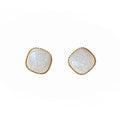 Gold Beaded Edge Square Stud Earrings Cream Crackle Glaze view 5