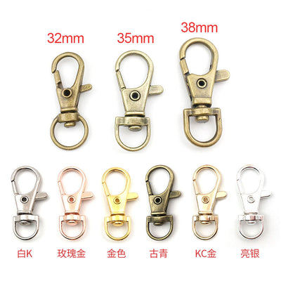 Three lobster clasp sizes and six labeled metal finish options on a white background.